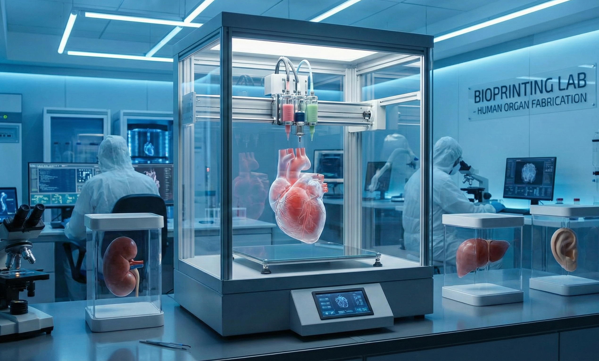 An illustrated image that shows the 3d printing of human organs